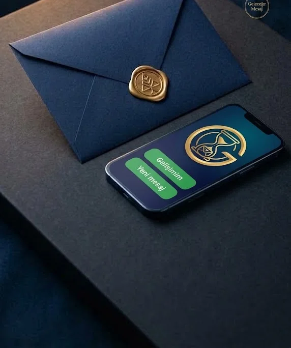 Mühürlü bir zarf ve yanında Geleceğe Mesaj uygulaması açık bir telefon.